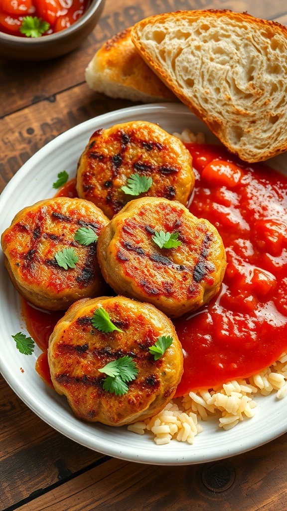 Homemade Italian Sausage Recipe for Carnivores Golden brown Italian sausage patties on a plate with marinara sauce and herbs.